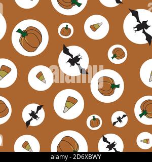 halloween Mond Kürbisse Süßigkeiten Mais und Fledermäuse in weißen Kreisen Nahtlose Vektor wiederholen Oberfläche Muster Design Stock Vektor