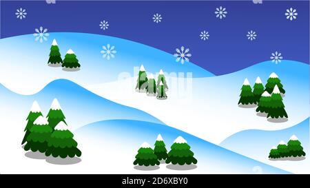 Winterwaldlandschaft mit Weihnachtsbäumen und Bergen in Auflösung 16:9 Uhr Stock Vektor