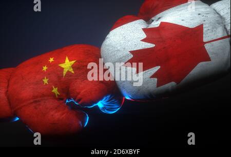 USA China konkurrieren gegen Technologie, Information, Rennen, Handel, Tarif, 5G. Boxhandschuhe Kämpfen. Stockfoto