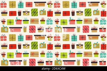 Lustige Weihnachten nahtlose Muster voll von kleinen Geschenk-Boxen isoliert auf hellem Hintergrund. EPS 10 Vektorgrafik. Stock Vektor