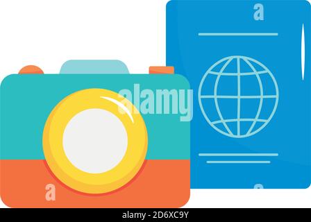 Fotokamera und Passsymbol auf weißem Hintergrund, flacher Stil, Vektorgrafik Stock Vektor