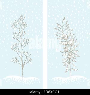 Set weihnachten Neujahr Karte mit Eibe Baum und getrockneten Blumen Winterpflanzen isoliert auf blauem Schnee Hintergrund. Handgezeichnete Vintage-Skizze botanische Kunst Stock Vektor