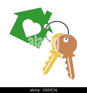 Haus mit Herz, zwei Schlüssel und Schlüsselring. Schlüsselanhänger Symbol, Symbol Silhouette auf weißem Hintergrund . Stock Vektor