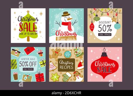 Sammlung von weihnachten Verkauf quadratische Banner für Social Media Beiträge. EPS10 Vektorgrafik. Stock Vektor