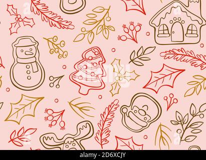 Handgezeichnetes weihnachtliches Nahtloses Muster mit niedlichen dekorativen Elementen auf rosa Hintergrund isoliert. EPS 10 Vektorgrafik. Stock Vektor