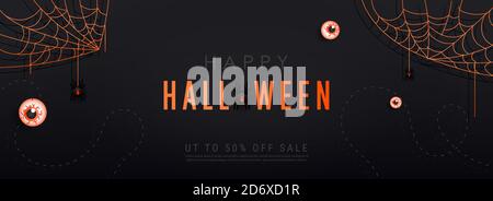 Happy Halloween horizontale Banner oder Party Einladung Hintergrund. Spinnennetz, Spinnen und gruselige Augäpfel auf dunklem Hintergrund mit Copyspace Stock Vektor