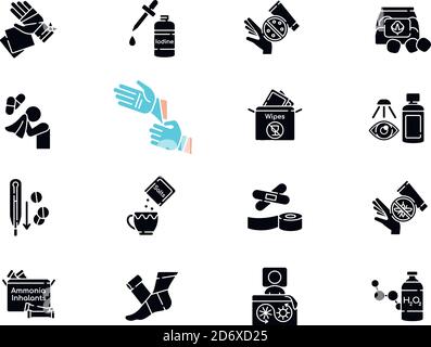 Erste-Hilfe-Set mit schwarzen Glyphen-Symbolen auf weißem Raum Stock Vektor