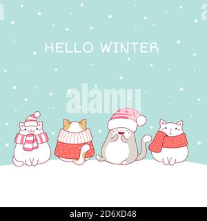 Hallo Winter. Weihnachts-Grußkarte mit vier niedlichen fetten Katzen in Schals und Hüten. Vier schöne Katzen im Kawaii-Stil auf Schnee. Vektor EPS8 Stock Vektor