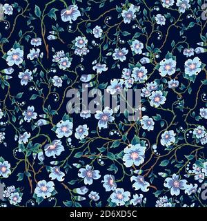 Kinder Muster Blumen. Nahtloses Blumenmuster auf dunkelblauem Hintergrund. Hellblaue Blüten, grüne Blätter. Stock Vektor