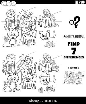 Schwarz-Weiß-Cartoon Illustration der Suche nach Unterschieden zwischen Bildern Pädagogisches Spiel für Kinder mit Comic Katzen Gruppe auf Weihnachten Zeitspol Stock Vektor