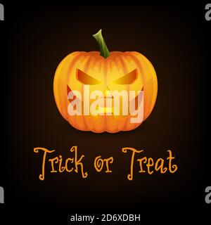 Trick or Treat. Happy Halloween Banner mit Pumpkin. Vektor Hochglanz Cartoon Halloween Pumkin Laterne mit lustigen Gesicht auf schwarzem Hintergrund. Vorderansicht Stock Vektor