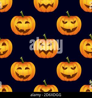 Vektor Nahtloses Muster mit glänzenden Cartoon Halloween Pumpkin Laterne mit lustigen Gesichtern auf schwarzem Hintergrund. Designvorlage. Herbstferien, Halloween Stock Vektor