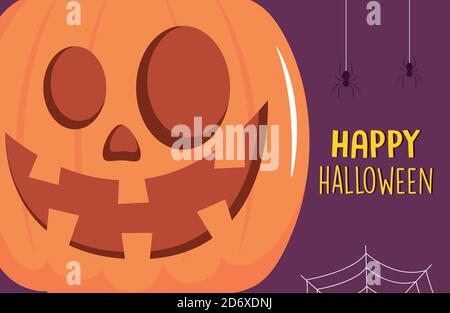 Happy halloween Design mit großen glücklich Kürbis und Spinnen über lila Hintergrund hängen, Vektor-Illustration Stock Vektor