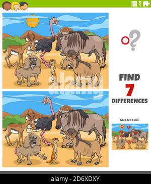 Cartoon Illustration der Suche nach Unterschieden zwischen Bildern Educational Spiel für Kinder mit Comic Wild Animal Characters Group Stock Vektor