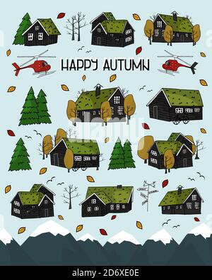 Set von schwarzen skandinavischen grünlandianischen Holzhäusern, Bäumen und Wald, Gras auf dem Dach mit weißen Rändern und Happy Autumn Text Stock Vektor