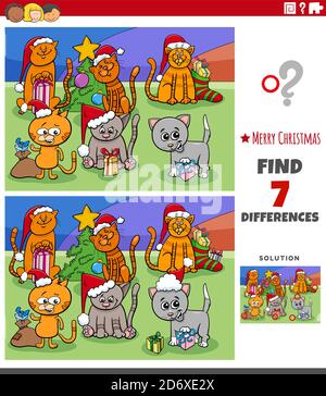 Cartoon Illustration der Suche nach Unterschieden zwischen Bildern Educational Spiel für Kinder mit Comic Cats Gruppe auf Weihnachten Zeit Stock Vektor