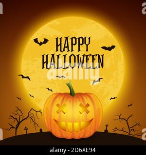Happy Halloween Banner mit Pumpkin. Vektor Hochglanz Cartoon Halloween Pumpkin Laterne mit lustigen Gesicht auf Dark Night Friedhof Hintergrund. Vorderansicht Stock Vektor