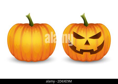 Vektor Hochglanz Cartoon Halloween Pumpkin Laterne. Lustiges Gesicht und blank. Symboleinstellung Nahaufnahme isoliert auf weißem Hintergrund. Vorderansicht. Designvorlage Stock Vektor