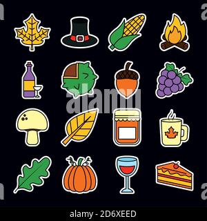 Icon Set aus Danksagung und Weinglas auf schwarzem Hintergrund, Linie und füllen Stil, Vektor-Illustration Stock Vektor