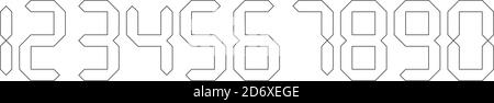 Weiße digitale Zahlen mit schwarzer Umrandung. Die 7-Segment-Anzeige wird in Taschenrechnern, Digitaluhren oder elektronischen Messgeräten verwendet. Vektorgrafik. Stock Vektor
