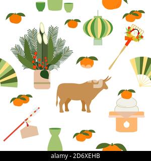 Vektor nahtlose Muster Symbole des japanischen Neujahr 2021 Ox, asiatische Laterne, Essen, Rechen, Mandarinen, Kiefer Bambus Dekorationen am Eingang zum Haus, arr Stock Vektor