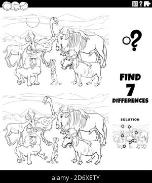 Schwarz-Weiß-Cartoon Illustration der Suche nach Unterschieden zwischen Bildern Lernspiel für Kinder mit Comic Wild Animal Charaktere Gruppe Farbstoff Stock Vektor