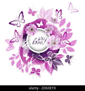 Weiße Schmetterlinge auf einem Aquarell Violet Hintergrund. Runder Rahmen für Text. Mit Liebe. Vektorgrafik Stock Vektor