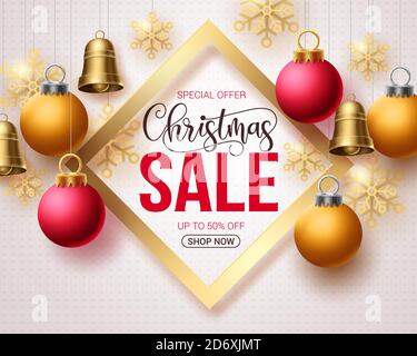 Weihnachten Verkauf Vektor Vorlage Banner. Weihnachtsverkauf und Sonderangebot Text in Rahmen mit Weihnachten hängende Elemente wie Glocken, Bälle und Schneeflocken Stock Vektor