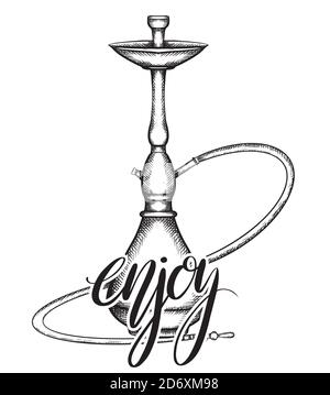 Schwarz-weiße Darstellung der Shisha mit Schraffur und genießen Sie handgezeichnete Schriftzüge. Pinsel Kalligraphie. Vektorgravur Element für Menü, Karten und y Stock Vektor