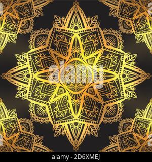 Nahtloses Muster aus luxuriösen Gold Mandalas auf schwarzem Hintergrund. Handgezeichneter Doodle-Hintergrund. Vektortextur für Stoffe, Tapeten und Ihre Kreativität Stock Vektor