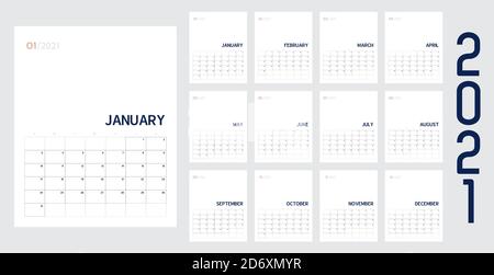 Vektor von 2021 Neujahr Kalender in modernen sauberen Tisch Einfacher Stil mit blau und Pfirsich Farbe, Holiday Event Planer, Woche beginnt Sunday.desk Kalander l Stock Vektor
