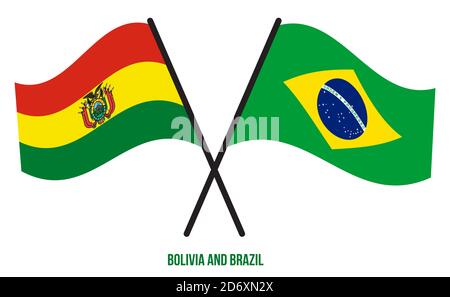Bolivien und Brasilien Flaggen gekreuzt und winken Flat Style. Offizieller Anteil. Richtige Farben. Stock Vektor