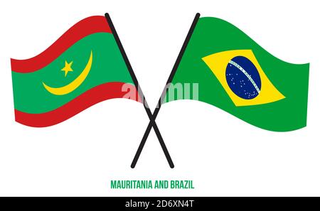 Mauretanien und Brasilien Flaggen gekreuzt und winken Flat Style. Offizieller Anteil. Richtige Farben. Stock Vektor