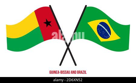 Guinea-Bissau und Brasilien Flaggen gekreuzt und winken Flat Style. Offizieller Anteil. Richtige Farben. Stock Vektor