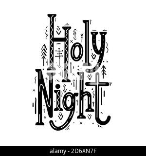 Heilige Nacht. Festlicher Weihnachtsschriftzug mit Ethno-Dekoration. Schwarze Kalligraphie auf weißem Hintergrund. Vektorelement Urlaubskhrase für Begrütin Stock Vektor