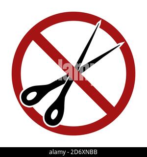 Schwarze Silhouette einer Schere in einem Verbotsschild. Verbot des Schneidens. Vektor-Objekt für Abzeichen, Aufkleber, Icons, Logos und Ihr Design. Stock Vektor