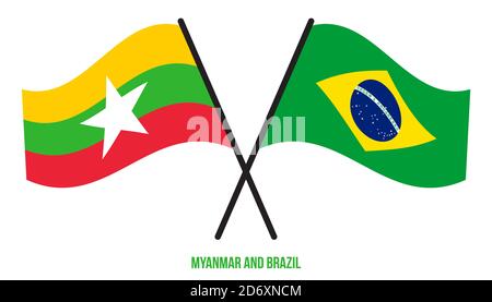 Myanmar und Brasilien Flaggen gekreuzt und winken Flat Style. Offizieller Anteil. Richtige Farben. Stock Vektor