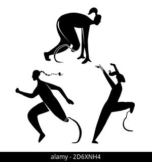 Set von schwarzen Silhouetten von Sportlerinnen Athleten mit prothetischen Beinen. Welt ohne Grenzen. Läufer mit Behinderungen. Vektor-Objekt für Logos, ico Stock Vektor