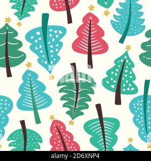 Weihnachtsbaum Muster Hintergrund-Design, niedlich saisonale Vektor nahtlose Wiederholung Illustration von bunten festlichen Bäumen und Sternen. Stock Vektor