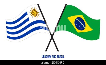 Uruguay und Brasilien Flaggen gekreuzt und winken Flat Style. Offizieller Anteil. Richtige Farben. Stock Vektor