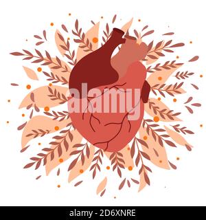 Natur Liebe Karte am Valentinstag. Flache Darstellung des realistischen Herzens mit Blättern, Zweigen und Beeren. Öko-romantisches Bild. Ökologischer Lebensstil Stock Vektor