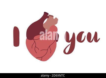 Ich liebe dich. Horizontale Karte mit der Aufschrift und flachen realistischen Herzen auf weißem Hintergrund. Festliche Grußkarte zum Valentinstag. Vektorgrafik Stock Vektor