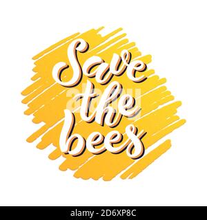 Rettet die Bienen. Вrush Kalligraphie Hand-Schriftzug. Gezeichnetes Kunstzeichen. Vektorgrafik Illustration. Vorlage für Banner, Poster, Flyer, Webdesign. Stock Vektor