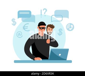 Online Crime Concept Illustration, Online Social Media Betrug. Ein Betrüger und ein Dieb arbeiten am Computer. Vektor-flache Abbildung isoliert auf weißem Hintergrund Stock Vektor