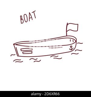 Handgezeichnetes Doodle-Boot im Wasser. Es ist ein leeres Flag vorhanden. Handgeschriebene Schriftzüge Stock Vektor