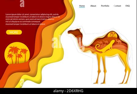 Wüste Reise Vektor Website Landing Page Vorlage. Papier geschnitten Kamel Silhouette mit Sahara Wüste Natur, Eidechse, Wohnwagen. Stock Vektor