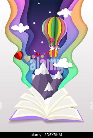 Offenes Buch mit Paar in der Liebe fliegen in Heißluftballon. Vektor-Illustration in Papier geschnitten Handwerk Stil. Romantische Geschichten. Stock Vektor