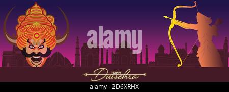 Subh Dussehra bedeutet Happy Dussehra auf Englisch. Grußkarte mit Bogen und Köcher für Navratri Festival. Stock Vektor
