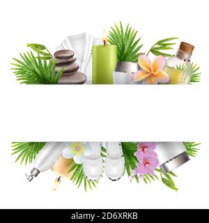 Schönheitssalon und Spa-Poster, Rahmenvorlage mit Zubehör für Hautpflegeverfahren. Vektorgrafik. Stock Vektor