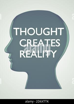 3D-Illustration der Kopf Silhouette mit dem Text GEDANKEN SCHAFFT REALITÄT, isoliert über grünen Gradienten. Stockfoto